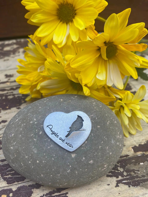 Angels Are Near Memorial Stone – Pewter Cardinal Heart Handcrafted Keepsake | Made in USA Whitney Howard Designs  Rock Garden