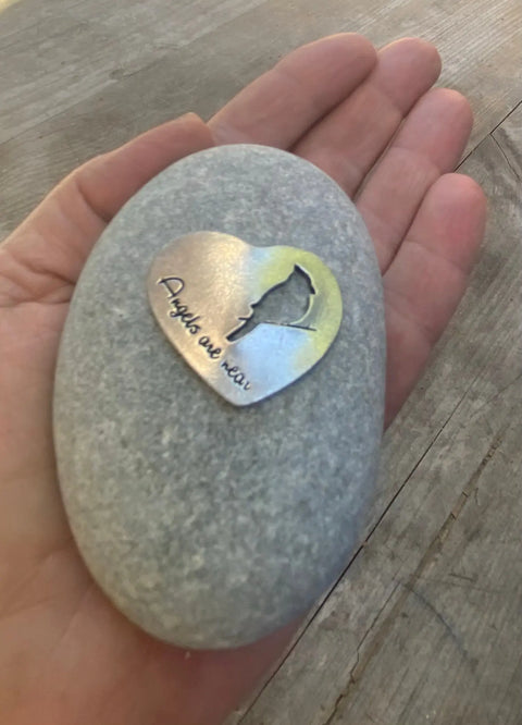 Angels Are Near Memorial Stone – Pewter Cardinal Heart Handcrafted Keepsake | Made in USA Whitney Howard Designs  Rock Garden