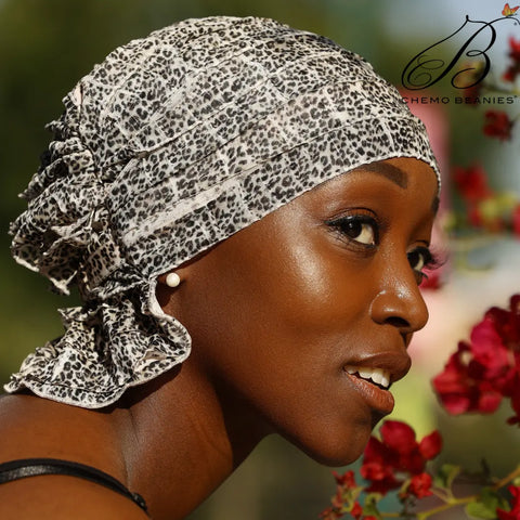 Animal Print Chemo Beanie Scarf – Slip-On Ruffle Design | Made in USA – Gina Chemo Beanies®  B2Customer