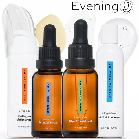 Open Formula’s Transformational Routine, arranged with translucent liquid swatches, is the perfect evening anti-aging skincare set.