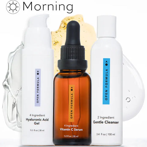 The Open Formula Transformational Routine is displayed with a sun icon and “Morning,” highlighting this anti-aging skincare set.