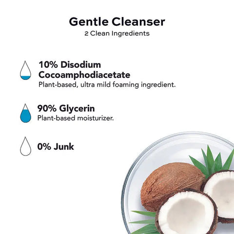 Infographic for Open Formula’s Transformational Routine: a gentle cleanser with 10% disodium cocoamphodiacetate, 90% glycerin, and 0% junk—ideal for anti-aging skincare. Includes an image of halved coconuts and green leaves in a glass bowl bottom right.