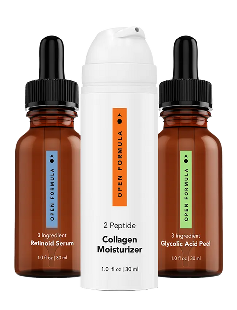 The Anti-Aging Superset by Open Formula includes three essentials—a Retinoid Serum, Glycolic Acid Peel, and Collagen Peptides moisturizer—for simple, effective skin transformation.