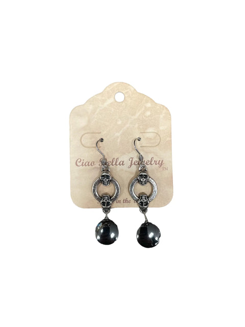 Antique Silver Skull Dangle Earrings with Hematite Gemstone – Gothic Style Jewelry | Made in USA Michelle Marie Boutique  Earrings