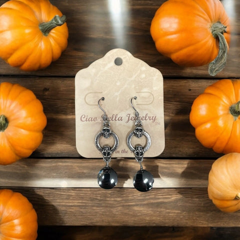 Antique Silver Skull Dangle Earrings with Hematite Gemstone – Gothic Style Jewelry | Made in USA Michelle Marie Boutique  Earrings