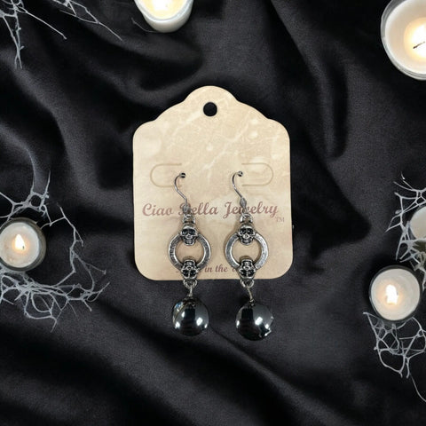 Antique Silver Skull Dangle Earrings with Hematite Gemstone – Gothic Style Jewelry | Made in USA Michelle Marie Boutique  Earrings