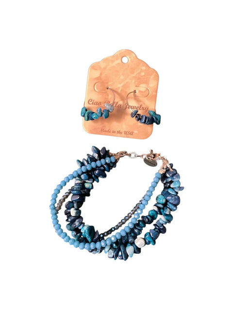 Apatite and Lapis Multi-Strand Wrap Bracelet with Hoop Earrings – Artisan Gemstone Jewelry Set | Made in USA Michelle Marie Boutique  Bracelet Set