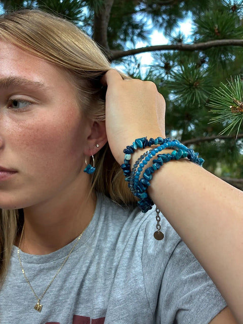 Apatite and Lapis Multi-Strand Wrap Bracelet with Hoop Earrings – Artisan Gemstone Jewelry Set | Made in USA Michelle Marie Boutique  Bracelet Set