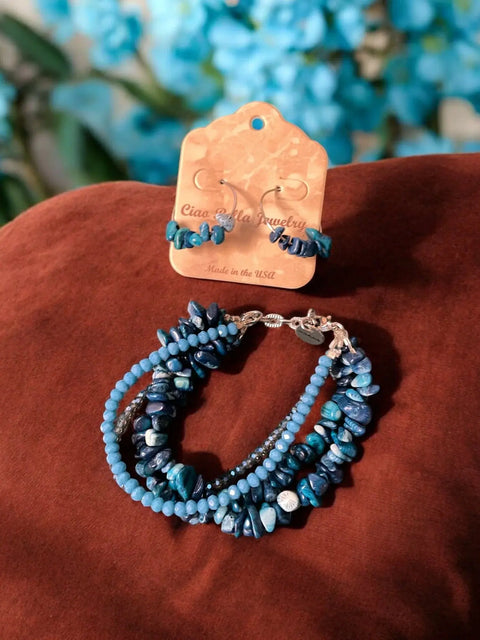 Apatite and Lapis Multi-Strand Wrap Bracelet with Hoop Earrings – Artisan Gemstone Jewelry Set | Made in USA Michelle Marie Boutique  Bracelet Set
