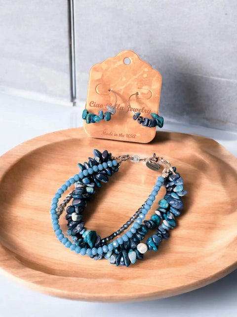 Apatite and Lapis Multi-Strand Wrap Bracelet with Hoop Earrings – Artisan Gemstone Jewelry Set | Made in USA Michelle Marie Boutique  Bracelet Set