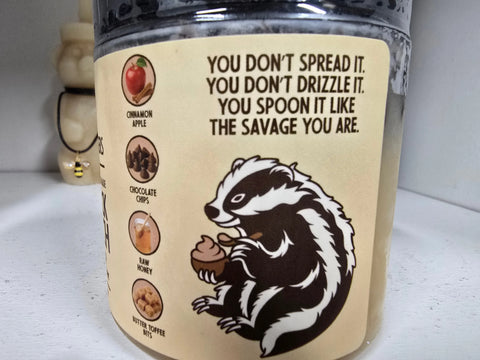 Apple Jack Crunch Creamed Honey 12 Oz – Cinnamon Apple Toffee Chocolate Spread | Honey Badgers Bee Farm Made in USA Honey Badgers Bee Farm  Raw Honey