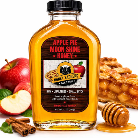 Apple Pie Moonshine Honey 100ml Glass Flask – Raw Cinnamon Spice Blend | Made in USA Brooksville FL Honey Badgers Bee Farm  Honey