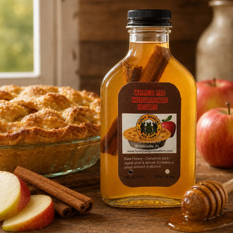 Apple Pie Moonshine Honey 100ml Glass Flask – Raw Cinnamon Spice Blend | Made in USA Brooksville FL Honey Badgers Bee Farm  Honey