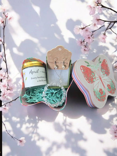 April Birthday Gift Box – Quartz Jewelry Set with Daisy Candle and Mug | Made in USA Elegant Gift Michelle Marie Boutique  Gift giving