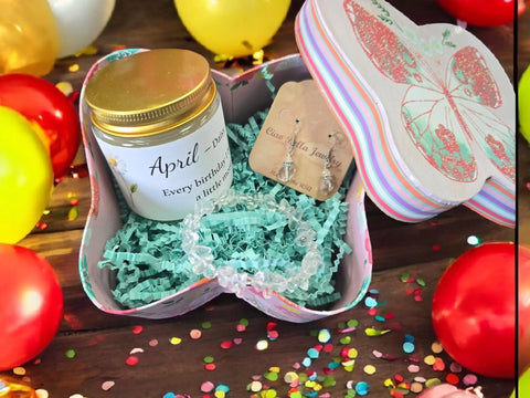 April Birthday Gift Box – Quartz Jewelry Set with Daisy Candle and Mug | Made in USA Elegant Gift Michelle Marie Boutique  Gift giving