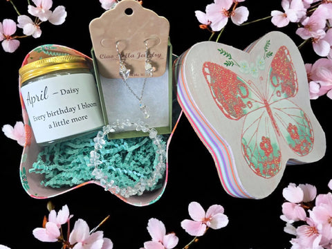 April Birthday Gift Box – Quartz Jewelry Set with Daisy Candle and Mug | Made in USA Elegant Gift Michelle Marie Boutique  Gift giving