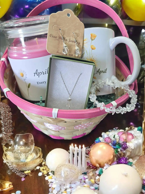 April Birthday Gift Box – Quartz Jewelry Set with Daisy Candle and Mug | Made in USA Elegant Gift Michelle Marie Boutique  Gift giving