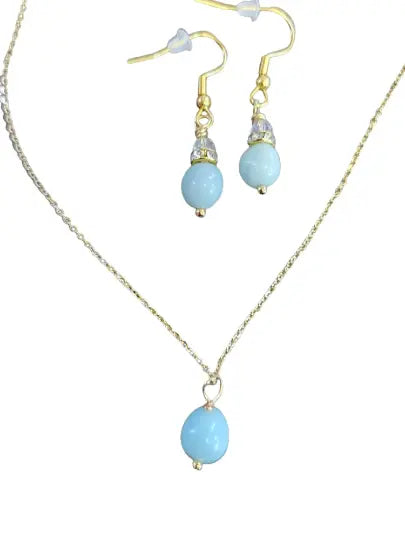 Aqua Amazonite Pendant Necklace and Earrings Set – 10k Gold Plated Adjustable Chain | Handcrafted Jewelry Michelle Marie Boutique  Necklace