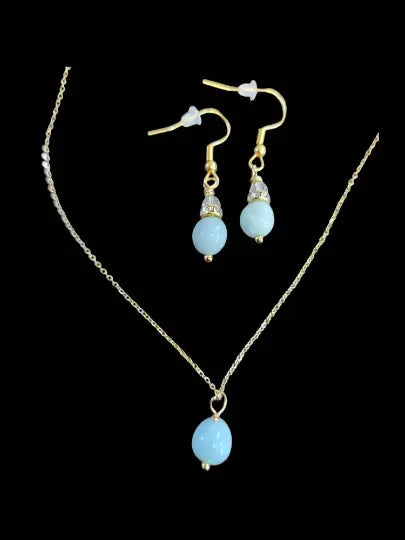 Aqua Amazonite Pendant Necklace and Earrings Set – 10k Gold Plated Adjustable Chain | Handcrafted Jewelry Michelle Marie Boutique  Necklace