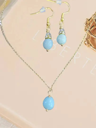 Aqua Amazonite Pendant Necklace and Earrings Set – 10k Gold Plated Adjustable Chain | Handcrafted Jewelry Michelle Marie Boutique  Necklace