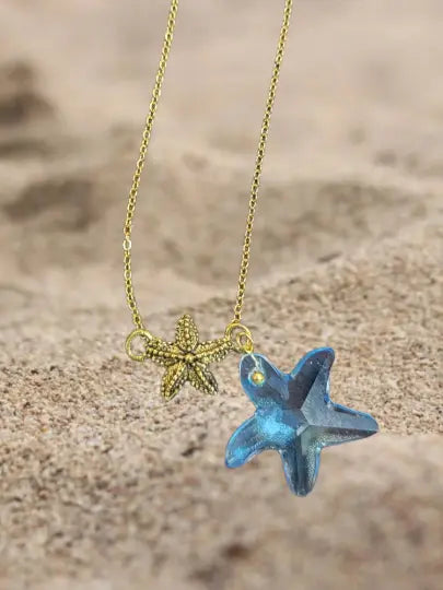 Aqua Crystal Starfish Charm Necklace 16 Inch Adjustable Gold Plated Chain – Michelle Marie Boutique | Made in USA Michelle Marie Boutique  Necklace