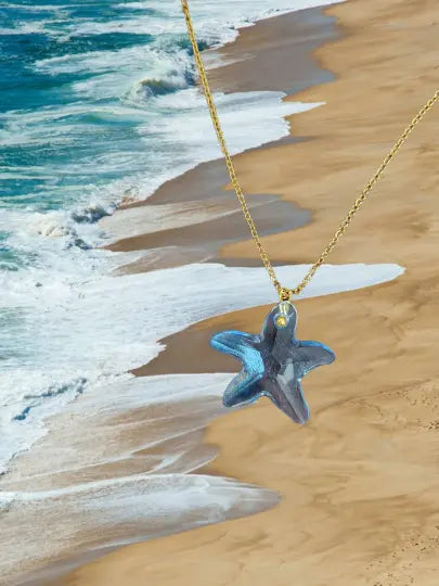 Aqua Crystal Starfish Pendant Necklace Adjustable Gold Plated Chain – Coastal Jewelry Gift | Made in USA Michelle Marie Boutique  Necklace