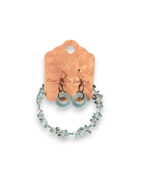 Aquamarine Beaded Bracelet And Sea Glass Hoop Earrings Set – Beachy Jewelry Style | Made In USA Michelle Marie Boutique  Bracelet Set
