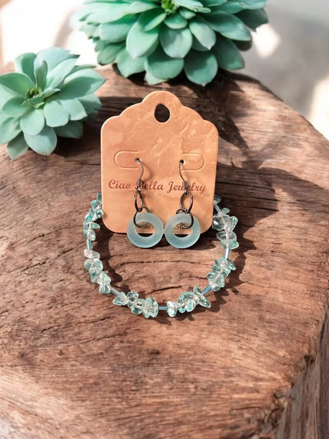 Aquamarine Beaded Bracelet And Sea Glass Hoop Earrings Set – Beachy Jewelry Style | Made In USA Michelle Marie Boutique  Bracelet Set