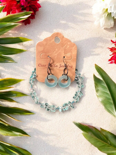 Aquamarine Beaded Bracelet And Sea Glass Hoop Earrings Set – Beachy Jewelry Style | Made In USA Michelle Marie Boutique  Bracelet Set