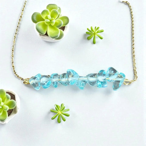 Aquamarine Chip Stone Bar Necklace 18-21 Inch Gold Plated Stainless Steel | Made in USA March Birthstone Jewelry Michelle Marie Boutique  Necklace