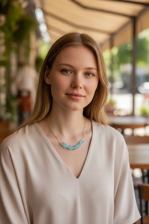 Aquamarine Chip Stone Bar Necklace 18-21 Inch Gold Plated Stainless Steel | Made in USA March Birthstone Jewelry Michelle Marie Boutique  Necklace