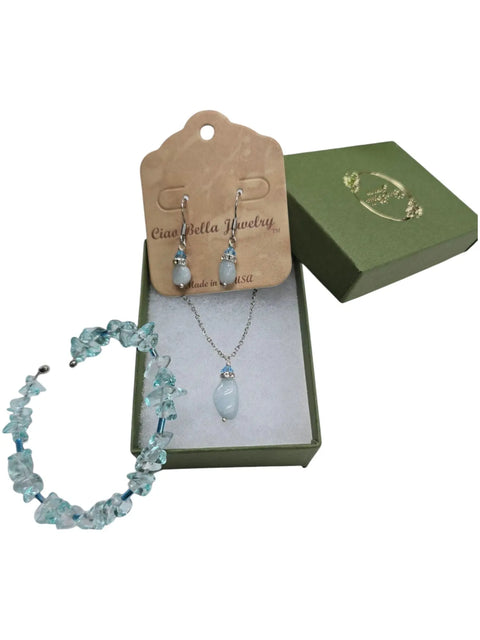 Aquamarine or Garnet Gemstone Jewelry Set – Dangle Earrings, Pendant Necklace, Adjustable Bangle | Made in USA Michelle Marie Boutique  Jewelry Set