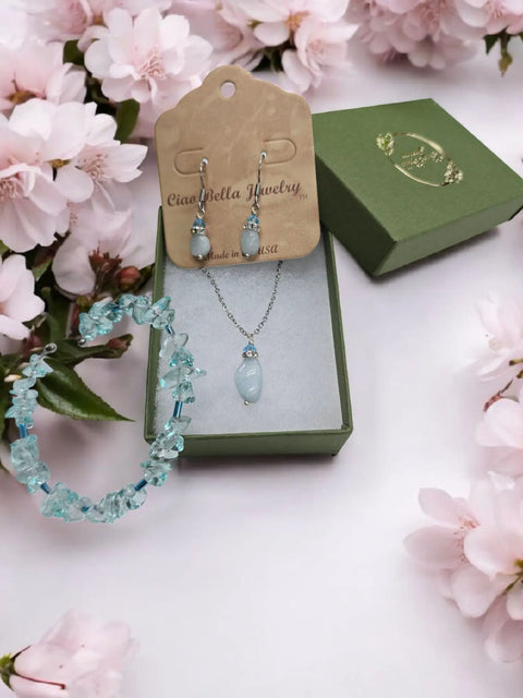 Aquamarine or Garnet Gemstone Jewelry Set – Dangle Earrings, Pendant Necklace, Adjustable Bangle | Made in USA Michelle Marie Boutique  Jewelry Set