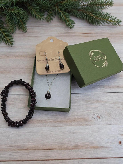 Aquamarine or Garnet Gemstone Jewelry Set – Dangle Earrings, Pendant Necklace, Adjustable Bangle | Made in USA Michelle Marie Boutique  Jewelry Set
