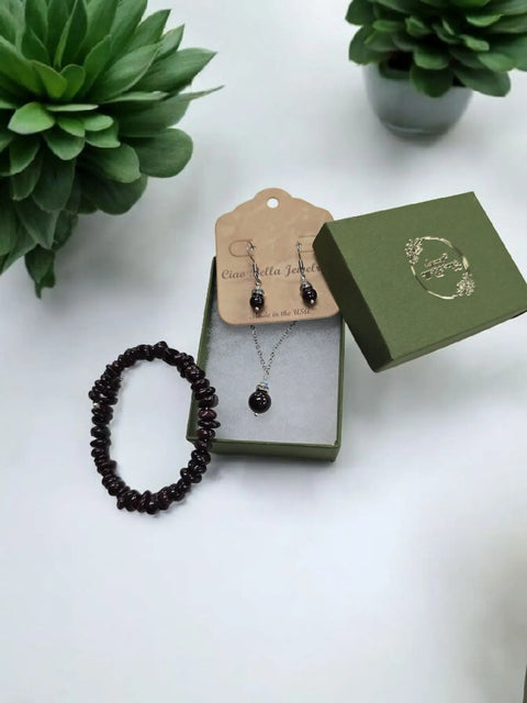 Aquamarine or Garnet Gemstone Jewelry Set – Dangle Earrings, Pendant Necklace, Adjustable Bangle | Made in USA Michelle Marie Boutique  Jewelry Set