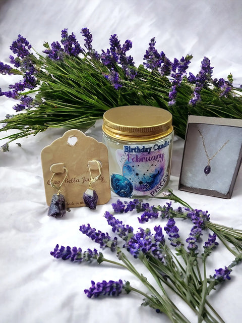 Aquarius Birthday Gift Set – Lavender Scented Candle and Amethyst Jewelry | Made in USA Handcrafted Pack Michelle Marie Boutique  Jewelry Set