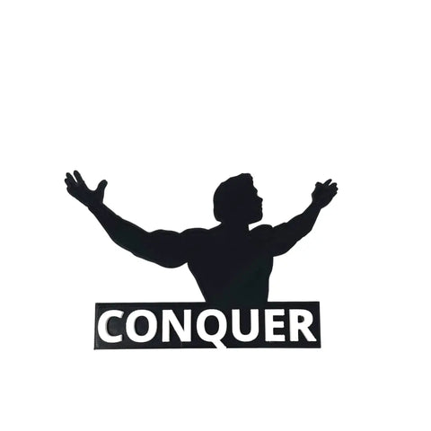 The Arnold Schwarzenegger Conquer Motivational Fridge Magnet by Chatelet Manufacturing features a muscular silhouette with raised arms above CONQUER—a bold, inspiring gift to keep you motivated and inspired at home.