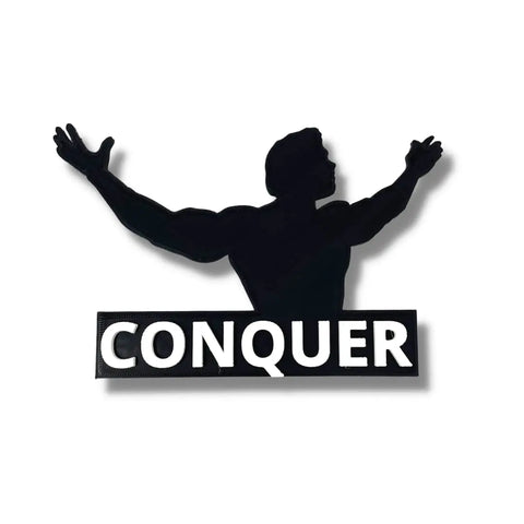 The Arnold Schwarzenegger Conquer Motivational Fridge Magnet by Chatelet Manufacturing features a triumphant silhouette above CONQUER in bold white on black—a unique gift to get motivated and inspired at home.