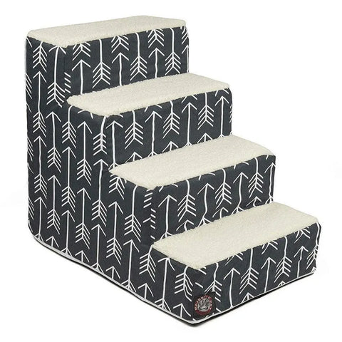 The Majestic Pet Arrow 4 Steps Pet Stairs (Heavy-Duty) features black and white arrow-patterned sides, cream Sherpa cushion treads, and a machine-washable slipcover to help small pets reach higher places comfortably.