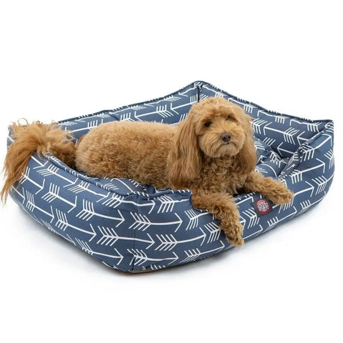 A small, curly-haired brown dog is lying on a Majestic Pet Arrow Contemporary Lounge Bed with blue fabric featuring white arrow patterns, looking up at the camera.