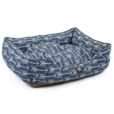 The Majestic Pet Arrow Contemporary Lounge Bed is a stylish rectangular blue pet bed with white arrow patterns, raised sides, and a small front logo—offering both comfort and modern design for your pet.