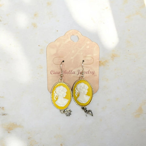 Art Deco Victorian Cameo Dangle Earrings 2 Inch – Silver with Yellow Accent | Made in USA Michelle Marie Boutique  Earrings