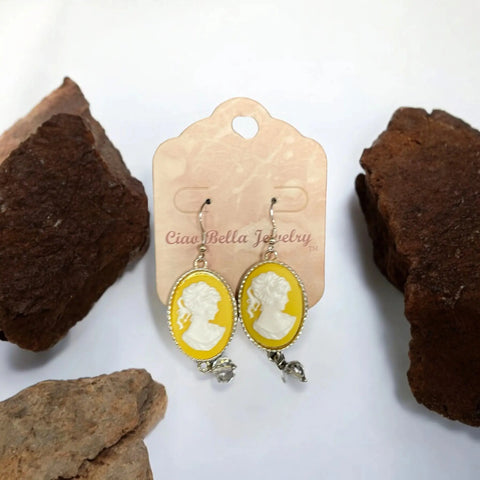 Art Deco Victorian Cameo Dangle Earrings 2 Inch – Silver with Yellow Accent | Made in USA Michelle Marie Boutique  Earrings