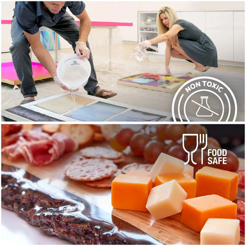 Top: Two people pour ArtResin 16 Oz (474 Ml) professional-grade, non-toxic epoxy resin onto artwork. Bottom: Close-up of cheese, crackers, meat, and fruit on an ArtResin-coated board with a food safe symbol.
