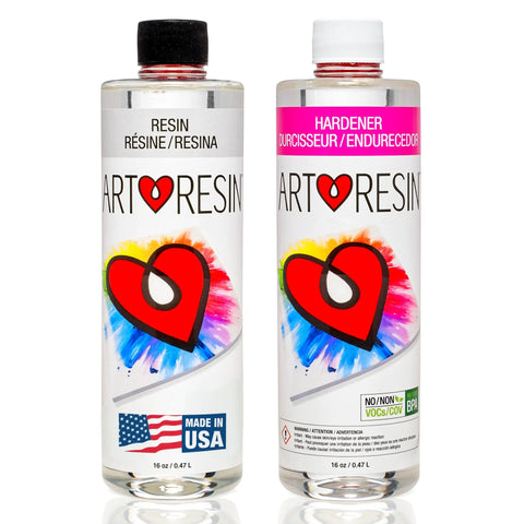 The 32 Oz (946 ml) ArtResin Epoxy Resin by ArtResin includes two bottles—Resin with a black cap and Hardener with a white cap—each featuring a heart design and paint splash for a non-toxic, crystal-clear finish.