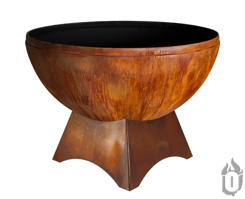 The Ohio Flame Fire Chalice Fire Bowl With Standard Base (Made in USA) is a large, round, rust-colored fire bowl with a wide basin and sturdy four-legged base, shown against a white background.