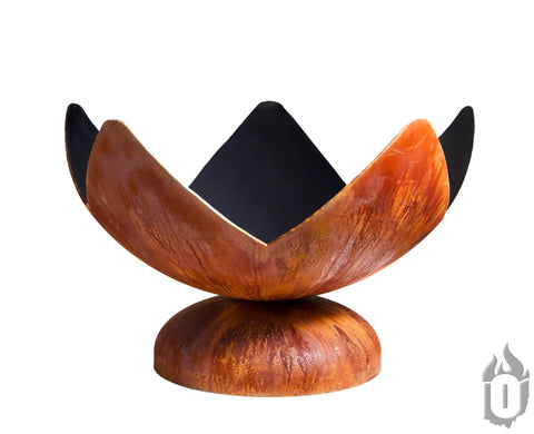 The Fire Flower Fire Bowl by Ohio Flame, made in the USA, features rust-colored petals and a rounded base. Displayed on a white background, a small flame logo is visible in the bottom right corner.