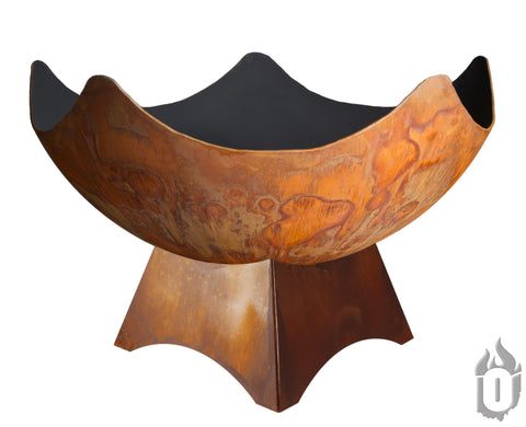 The Ohio Flame Stellar Artisan Fire Bowl With Standard Base, made in the USA, features a large rust-colored bowl-shaped design and a wide, sturdy base, shown on a white background.