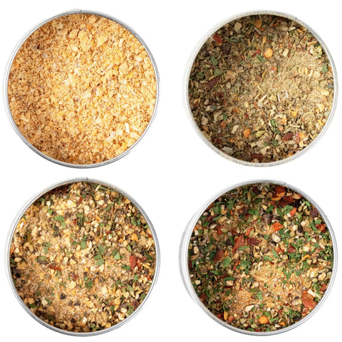 The Gustus Vitae Global Gourmet BBQ Collection - 4 Pack showcases gourmet blends from fine orange powder to coarser mixes, including artisanal BBQ rubs and Brazilian Steakhouse seasoning to suit every palate.
