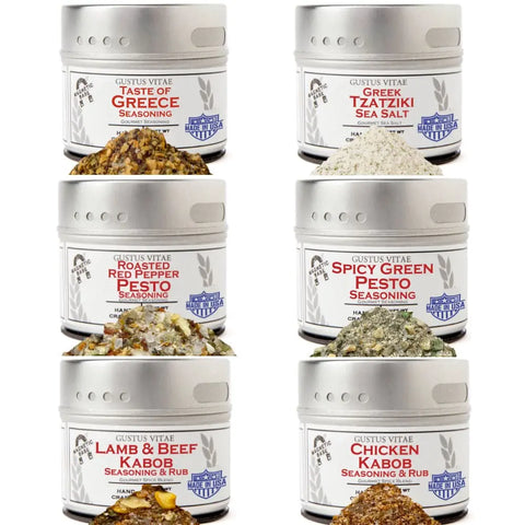 The Gustus Vitae Greek Seasoning Gift Set features six artisanal spice blends in labeled tins, including flavors like Taste of Greece and Tzatziki Sea Salt—perfect for adding unique Mediterranean flair to your dishes.
